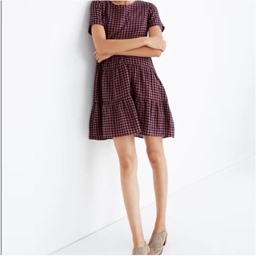 Madewell Pink and Navy Gingham Tiered Dress